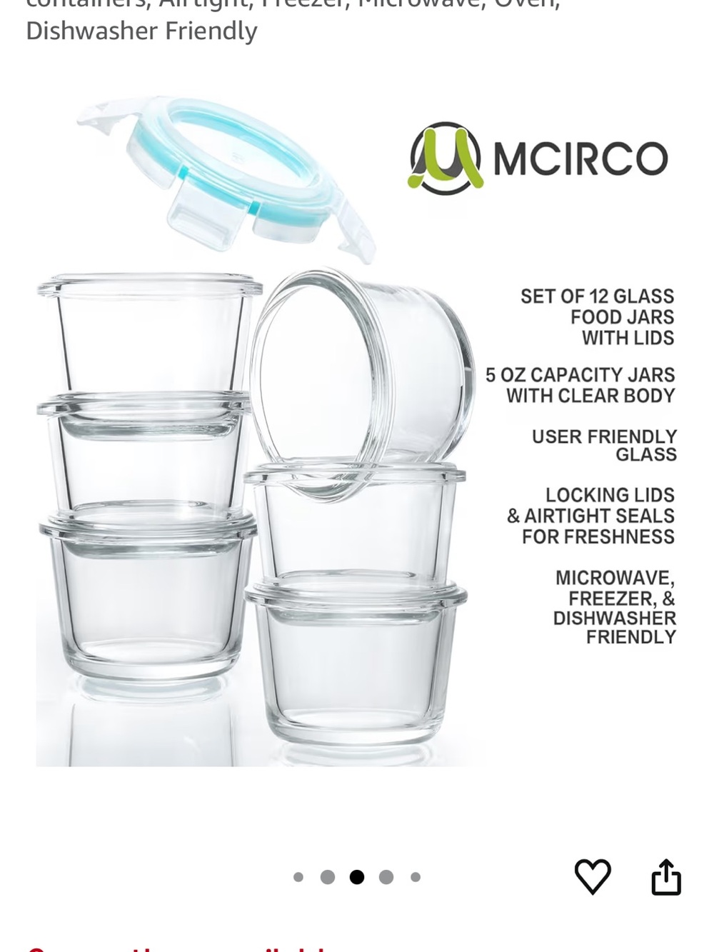MCIRCO 6 Glass Food Jars with Locking Lids - Clear with Aqua Trim